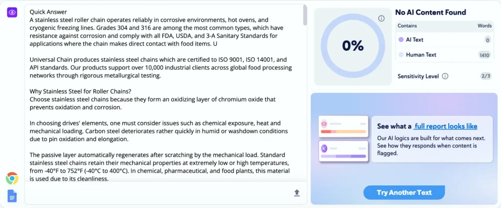 Verificación de contenido humano de cadena de rodillos de acero inoxidable