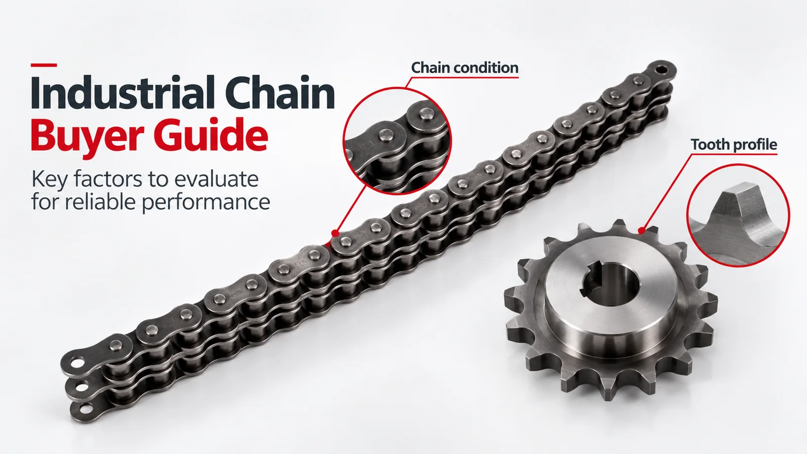 Industrial Chain Buyer Guide graphic showing a roller chain and a metal sprocket, with close-up insets labeled Chain condition and Tooth profile.