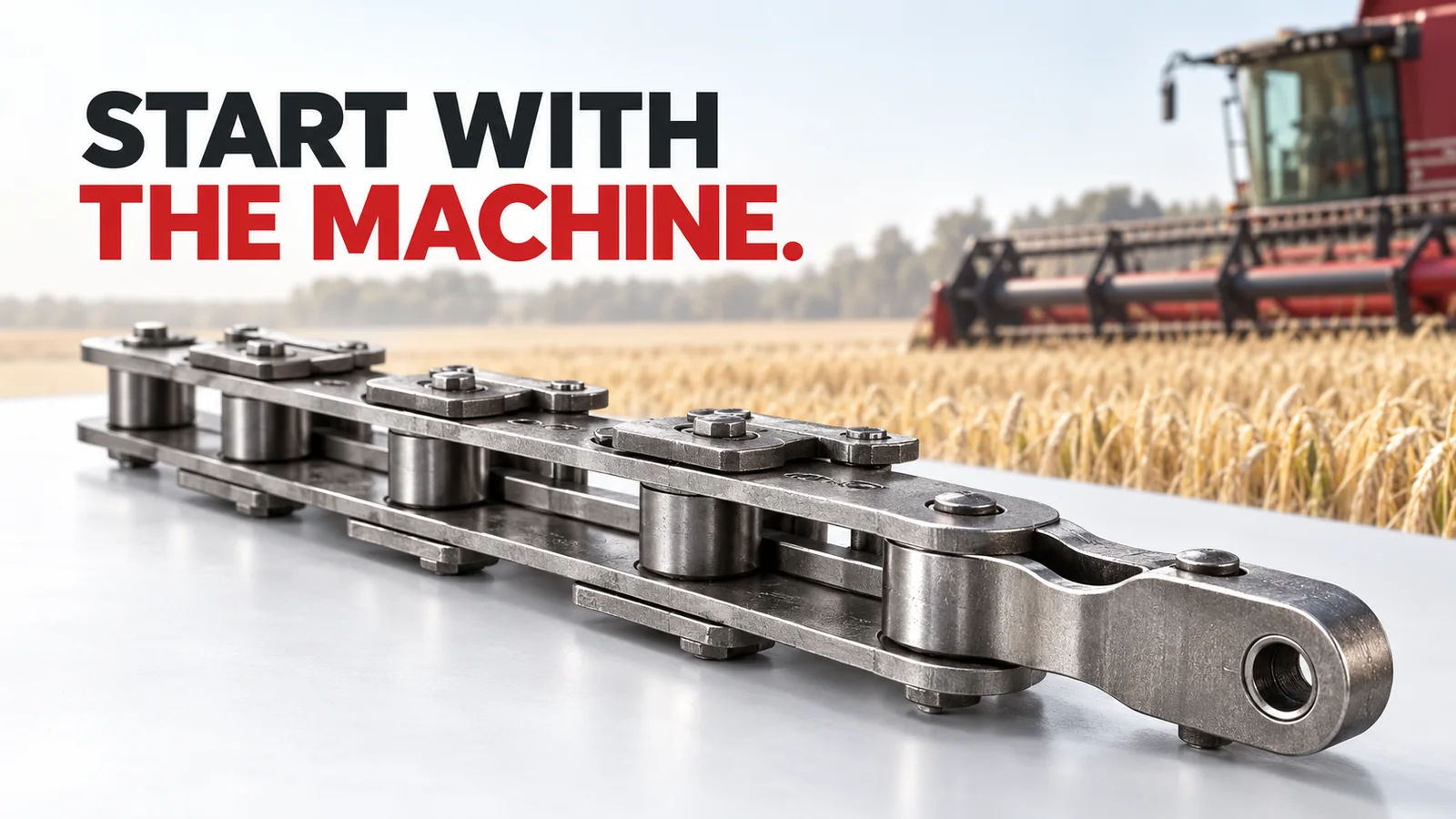 A close-up of a heavy metal roller chain on a white surface, with a red combine harvester in a golden wheat field behind it and bold text reading START WITH THE MACHINE.