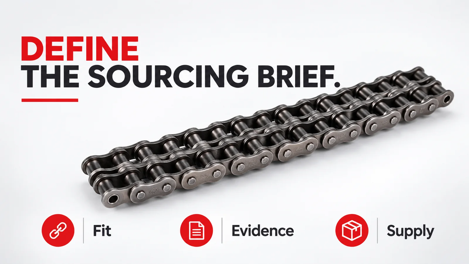Black and silver roller chain on a white background with red and black text reading DEFINE THE SOURCING BRIEF, plus red icons for Fit, Evidence and Supply.