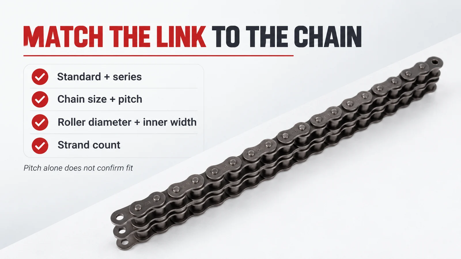Dark triple-strand roller chain on a white background beside a checklist headlined Match the Link to the Chain, listing standard and series, chain size and pitch, roller diameter and inner width, and strand count.