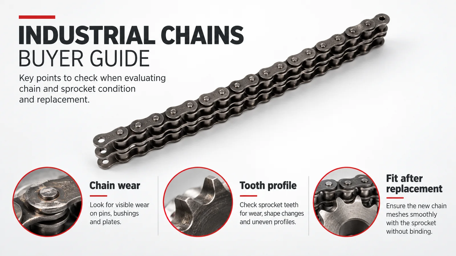 Infographic titled Industrial Chains Buyer Guide showing a multi-strand roller chain above three red-circled close-ups of chain pins, a sprocket tooth and chain meshing with a sprocket, with short captions.