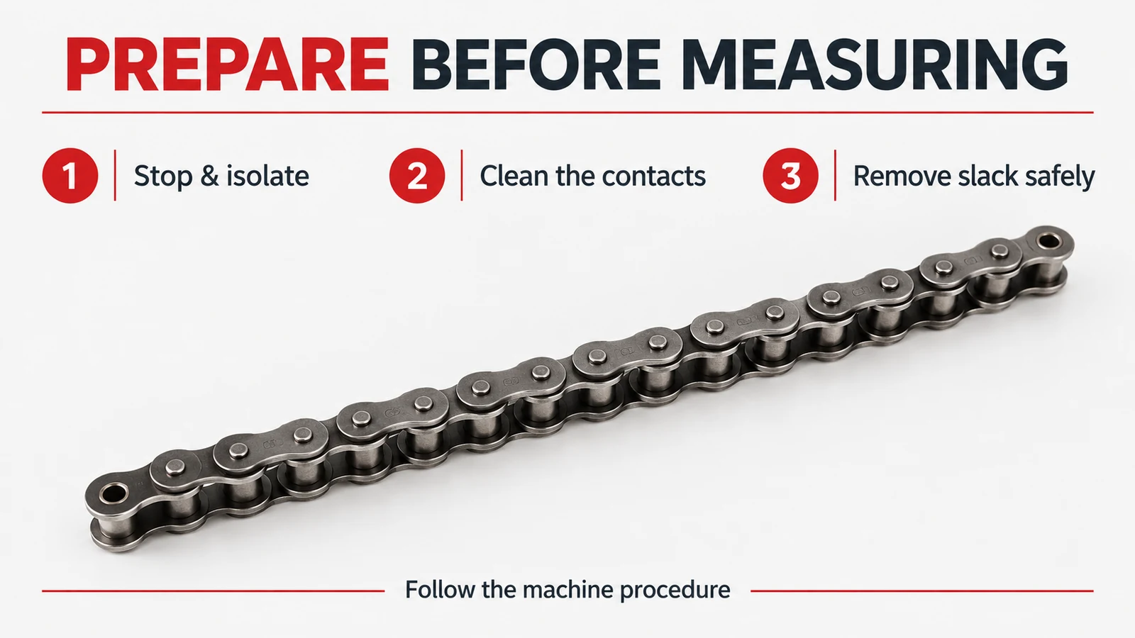 Infographic titled Prepare Before Measuring with numbered steps to stop and isolate, clean contacts and remove slack, showing a metal roller chain on white.