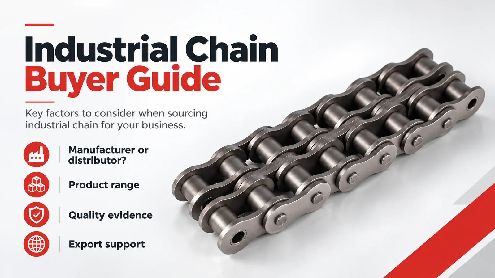 Industrial Chain Buyer Guide graphic with a close-up of a double-strand metal roller chain and four red icons for sourcing factors.
