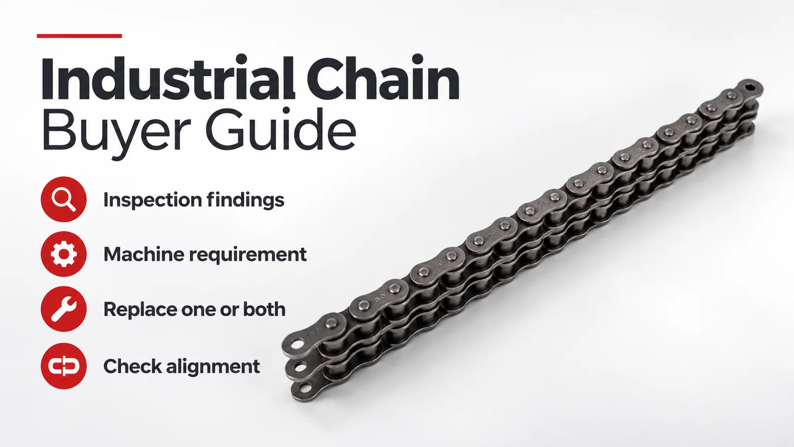 A roll of multi-strand dark metal roller chain lies diagonally on a white background beside the title Industrial Chain Buyer Guide and four red circular icons for inspection findings, machine requirement, replace one or both, and check alignment.