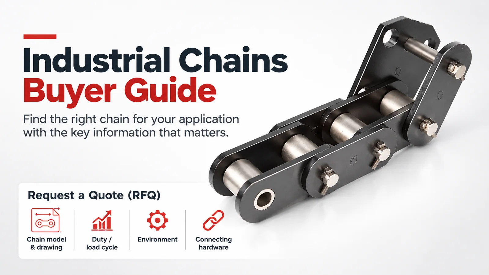 A heavy-duty industrial roller chain with dark plates and silver rollers on a white background, alongside text reading Industrial Chains Buyer Guide and a Request a Quote (RFQ) panel with four red icons.