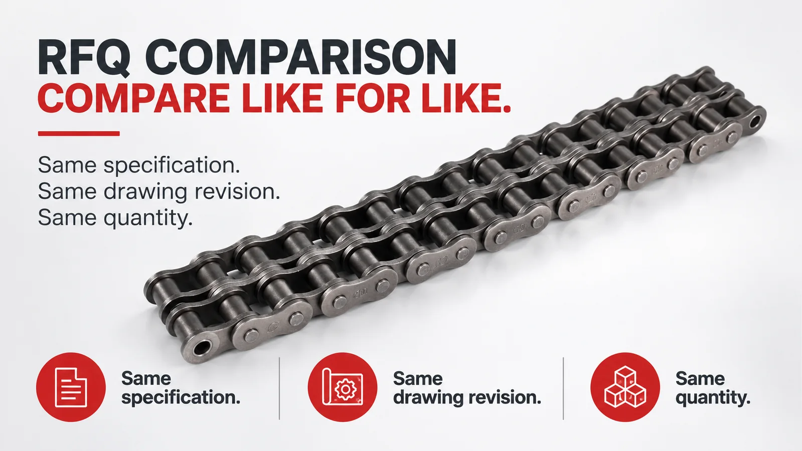 Promotional graphic with an angled metal roller chain, headline "RFQ COMPARISON COMPARE LIKE FOR LIKE." and three red icons for specification, drawing revision and quantity.