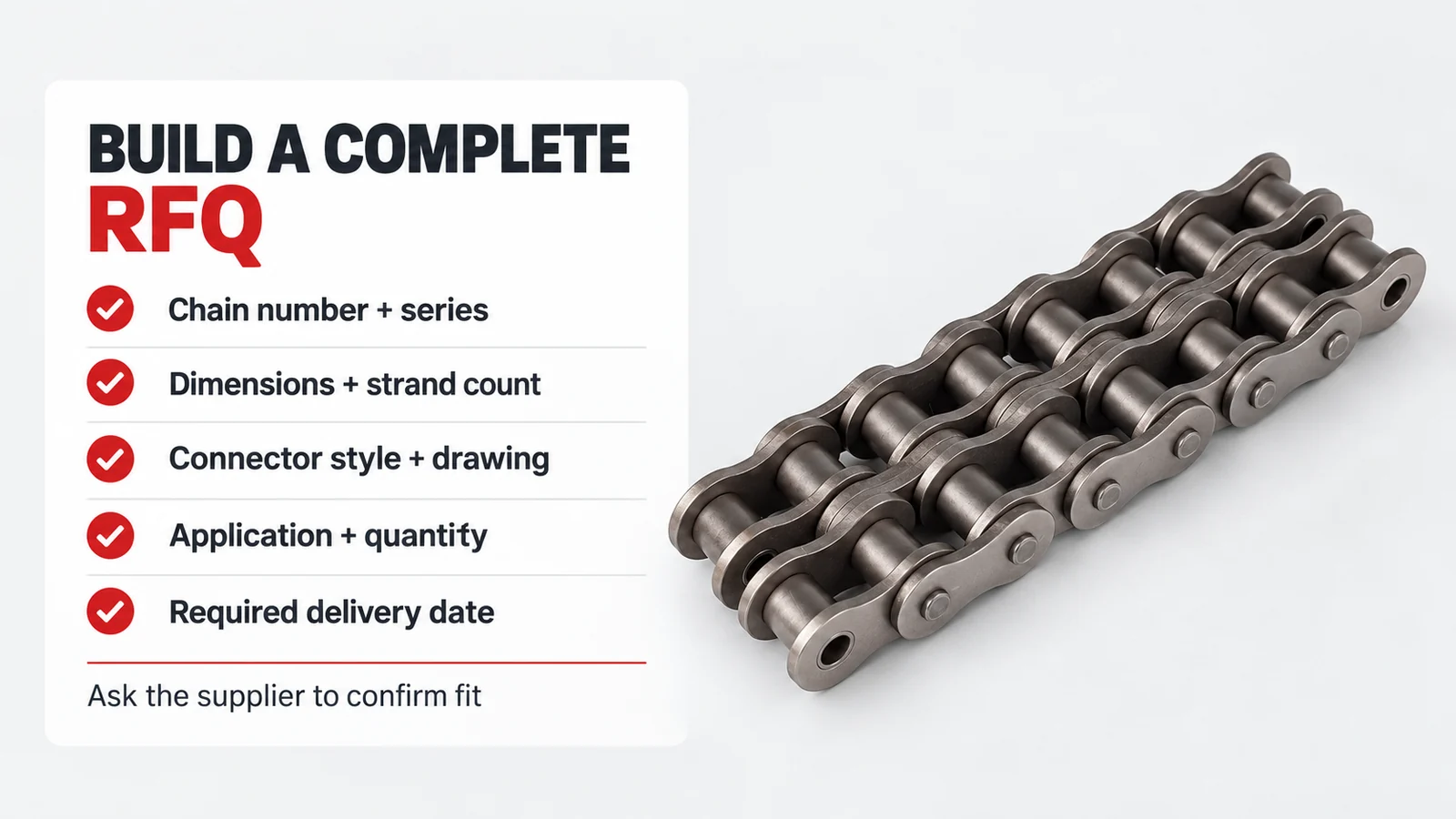 A white card headed "Build a Complete RFQ" lists five checklist items for requesting roller chain, beside a short section of dark metal double-strand roller chain.