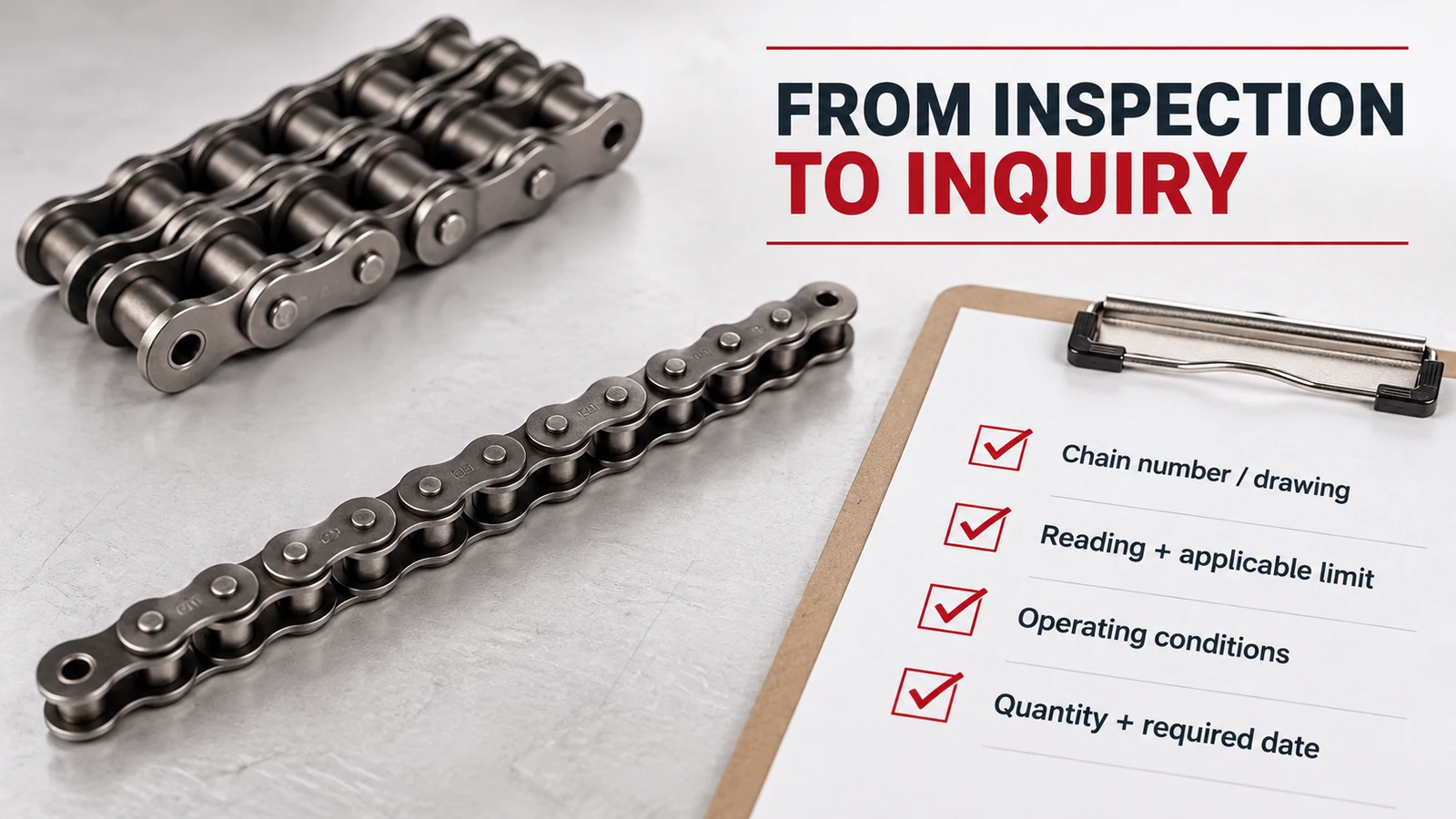 Two metal roller chains on a light surface beside a clipboard checklist titled "From Inspection to Inquiry" with four checked items about chain number, reading, operating conditions and quantity.
