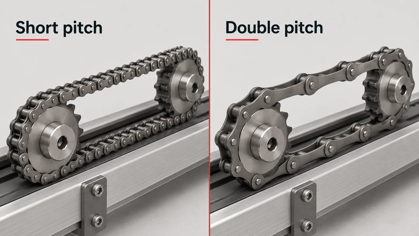 Side-by-side 3D render comparing a short pitch roller chain and a double pitch roller chain on two sprockets, labeled Short pitch and Double pitch, with 2040 stamped on the larger links.