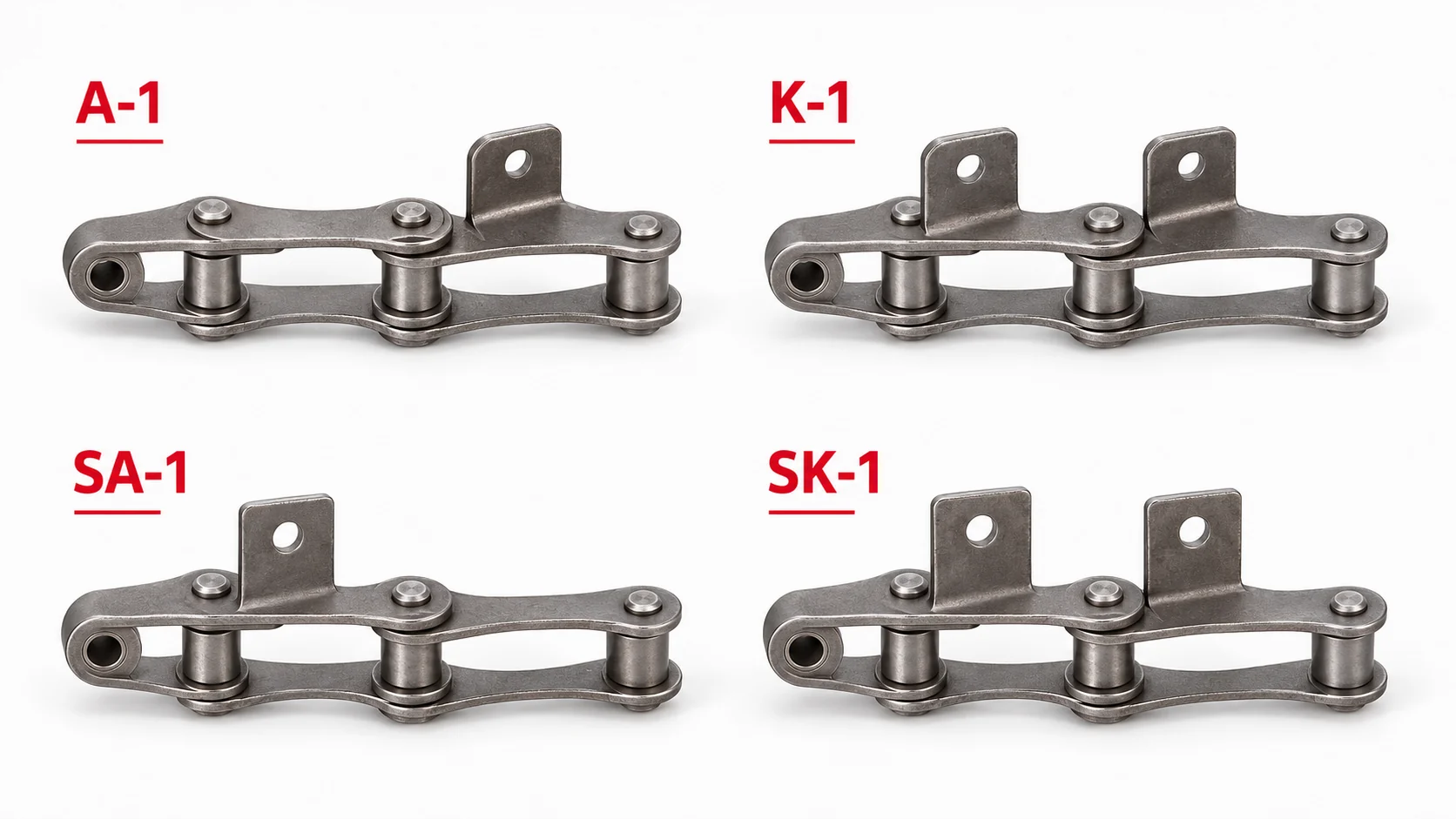 Four gray metal roller chain attachment links with red labels A-1, K-1, SA-1, and SK-1, shown on a white background.