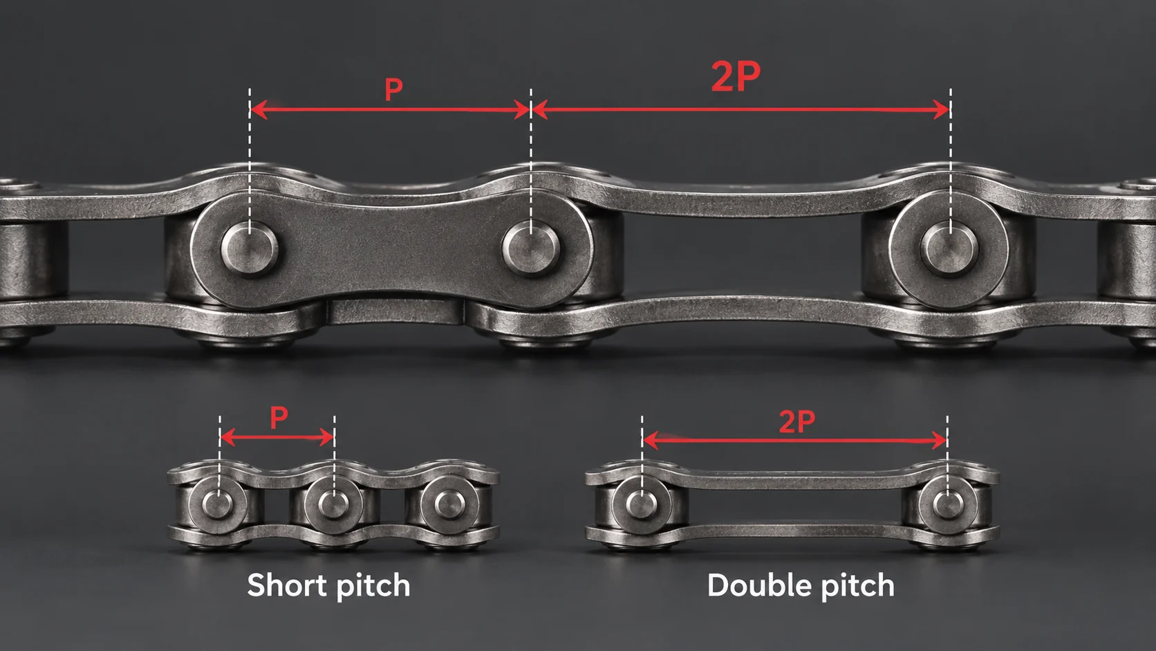 Metal roller chain comparison labeled Short pitch with spacing P and Double pitch with spacing 2P, shown in front and side views.